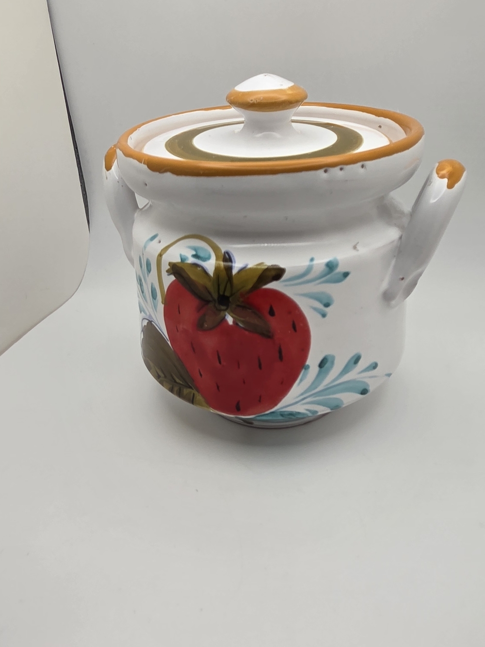 Vintage Italian Ceramic Sugar Bowl Lid Hand Painted Strawberry Pottery Italy Lid